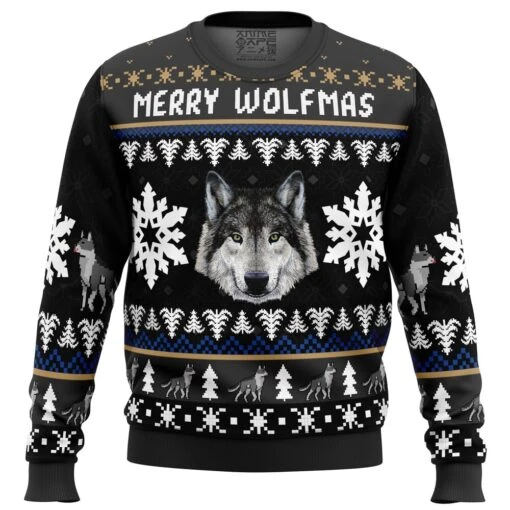 Merry Wolfmas Wolf Ugly Christmas Sweater -Cheap Sweater Store Merry Wolfmas PC Ugly Christmas Sweater front mockup